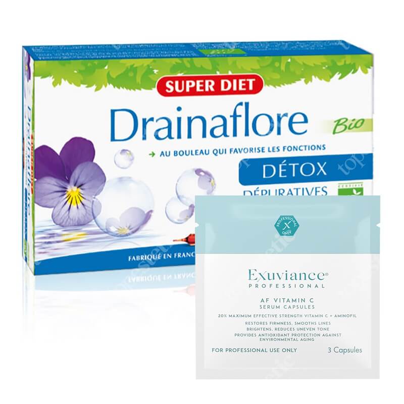Super Diet Drainaflore Detox + Exuviance Professional AF VITAMIN C Serum Capsules ZESTAW Super Diet detoksykacja 20x15 ml + Exuviance kapsułki 3 szt