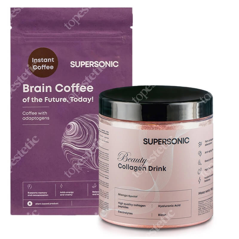 Supersonic Collagen Beauty Drink + Brain Coffee ZESTAW Kolagen - Mango 185 g + Kawa z adaptogenami - Instant Coffee 180 g