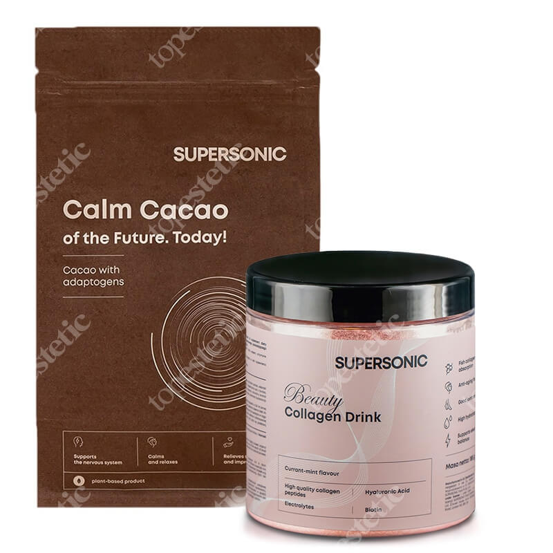 Supersonic Collagen Beauty Drink + Calm Cacao ZESTAW Kolagen - Porzeczka, mięta 185 g + Kakao z ashwagandhą 225 g