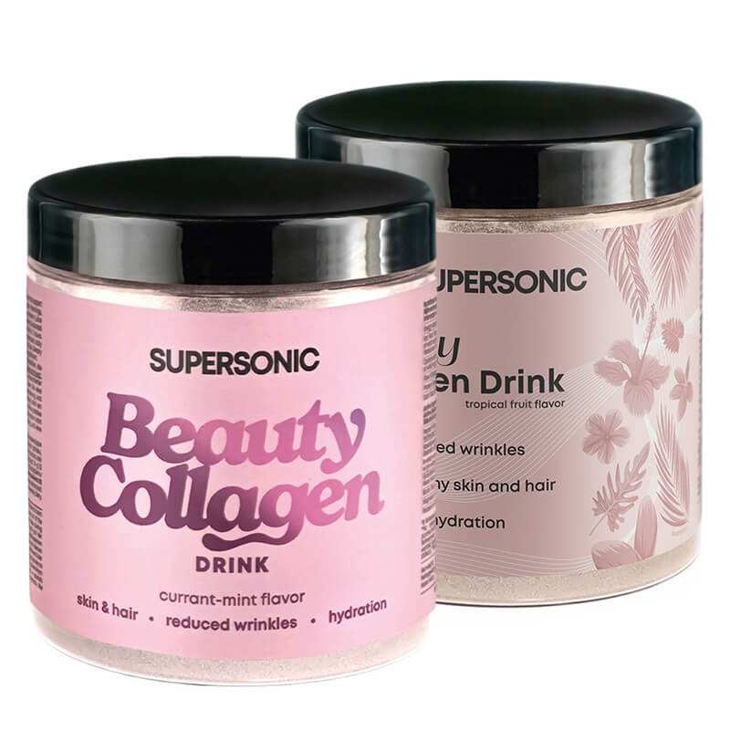 Supersonic Collagen Beauty Drink Dwupak 2 ZESTAW Kolagen - Porzeczka, mięta 185 g + Kolagen - Owoce tropikalne 185 g