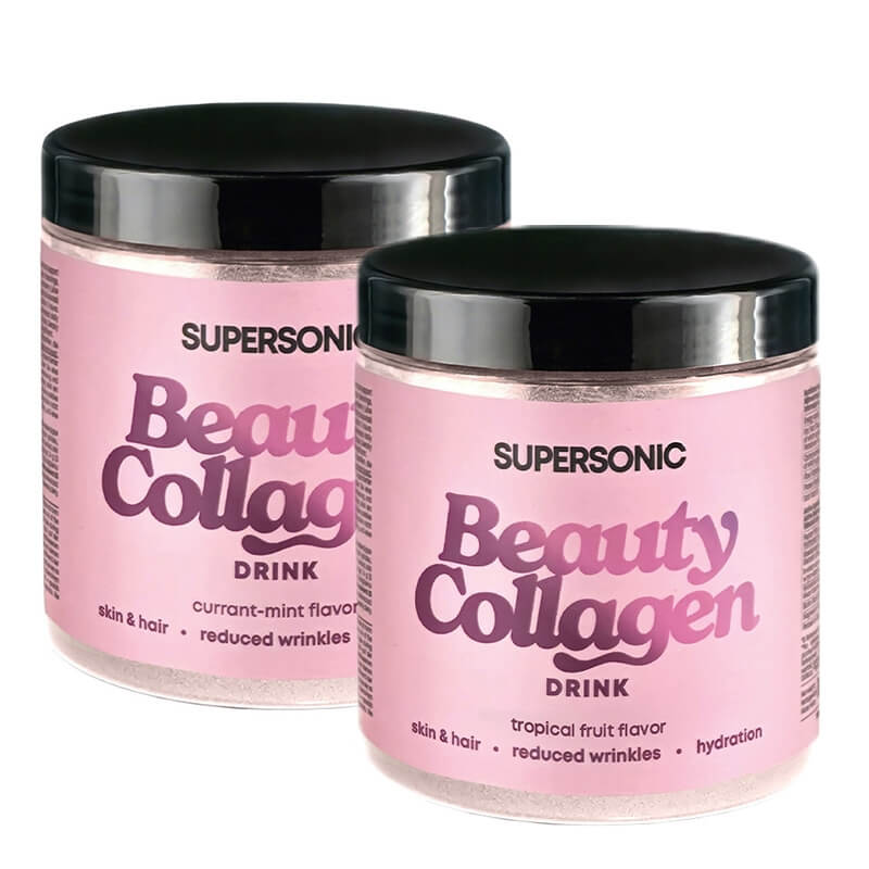 Supersonic Collagen Beauty Drink Dwupak 2 ZESTAW Kolagen - Porzeczka, mięta 185 g + Kolagen - Owoce tropikalne 185 g
