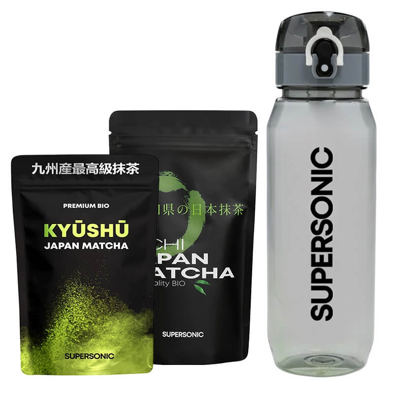 Supersonic Kyushu + Aichi + Butelka do Napoju ZESTAW Organiczna japońska matcha 80 g + Wysokiej jakości japońska matcha 100 g + Butelka 800 ml