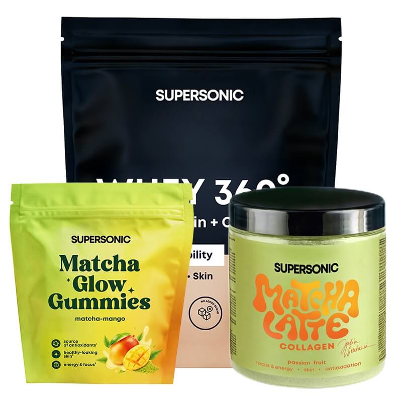 Supersonic Matcha Glow Gummies + WHEY 360° + Matcha Latte Collagen Marakuja ZESTAW Żelki 90 g + Odżywka białkowa - biała czekolada z malinami 500 g + Matcha latte - marakuja 280 g