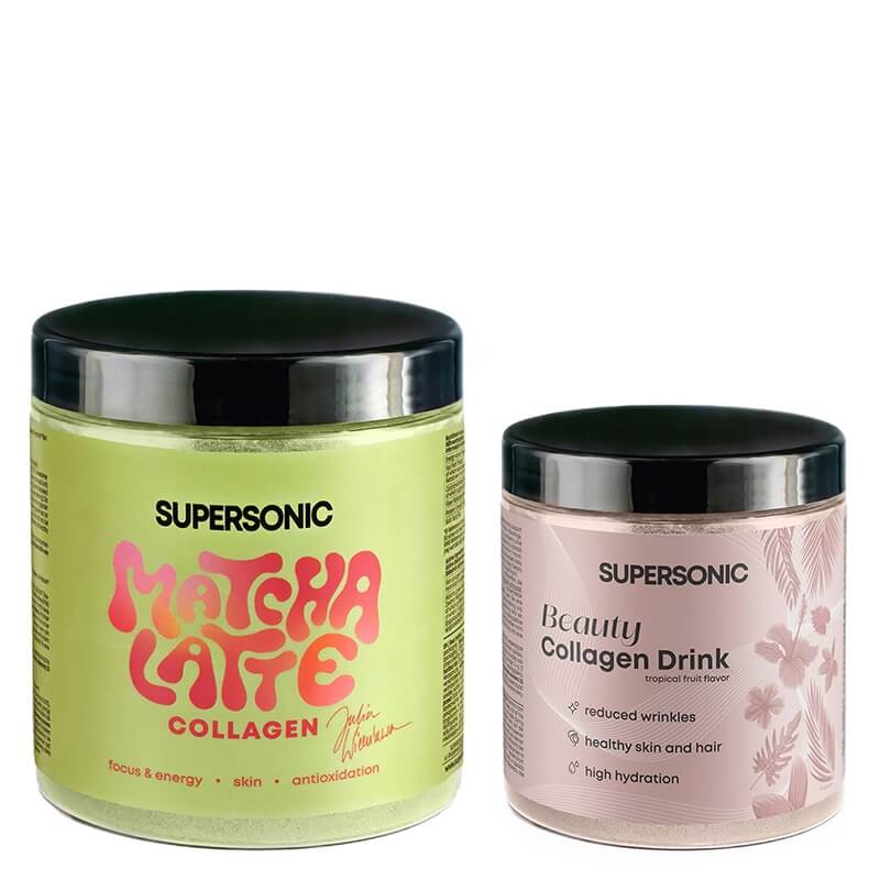 Supersonic Matcha Latte Collagen + Collagen Beauty Drink ZESTAW Matcha latte z kolagenem i mleczkiem kokosowym 280 g + Kolagen - Owoce tropikalne 185 g