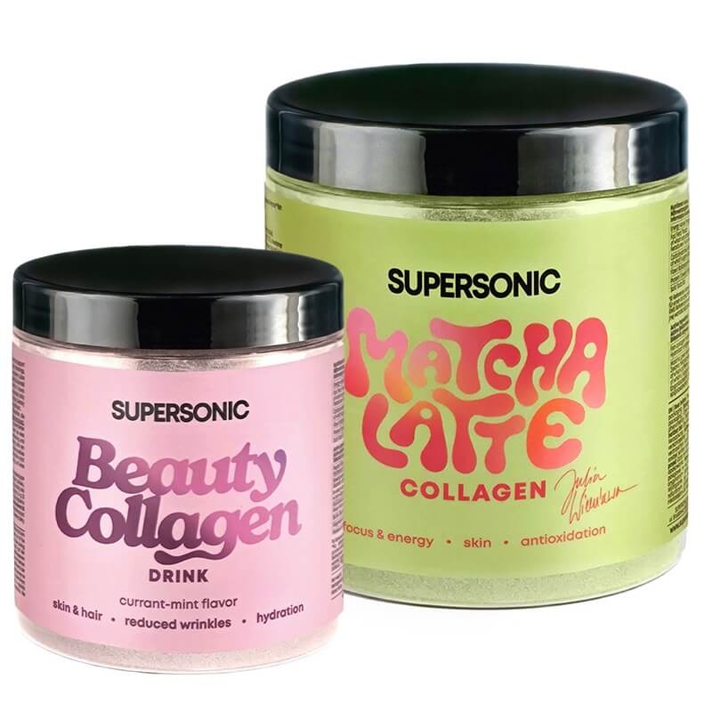 Supersonic Matcha Latte Collagen + Collagen Beauty Drink ZESTAW Matcha latte z kolagenem i mleczkiem kokosowym 280 g + Kolagen - Porzeczka, mięta 185 g