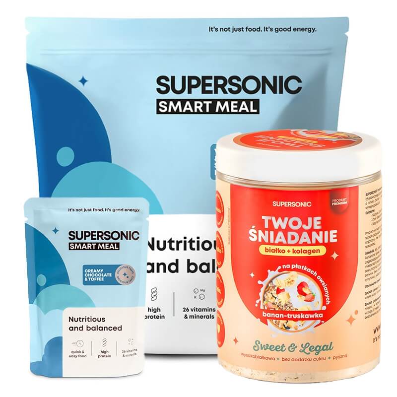 Supersonic Owsianka + Smart Meal ZESTAW Owsianka - banan i truskawka 420 g + Posiłek - kremowa czekolada z toffee 100 g + Posiłek - lody waniliowe z dziką truskawką 1300 g