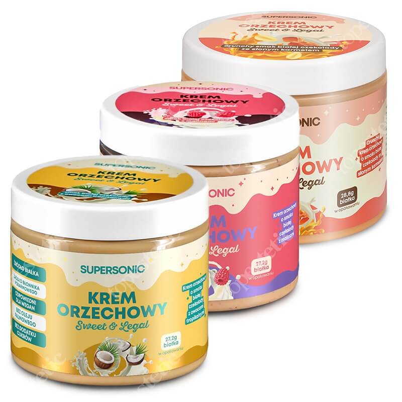 Supersonic Peanut Spread 160 g Mix 2 ZESTAW Biała czekolada ze słonym karmelem i kawałkami orzechów + Biała czekolada z malinami + Biała czekolada z owocami tropikalnymi