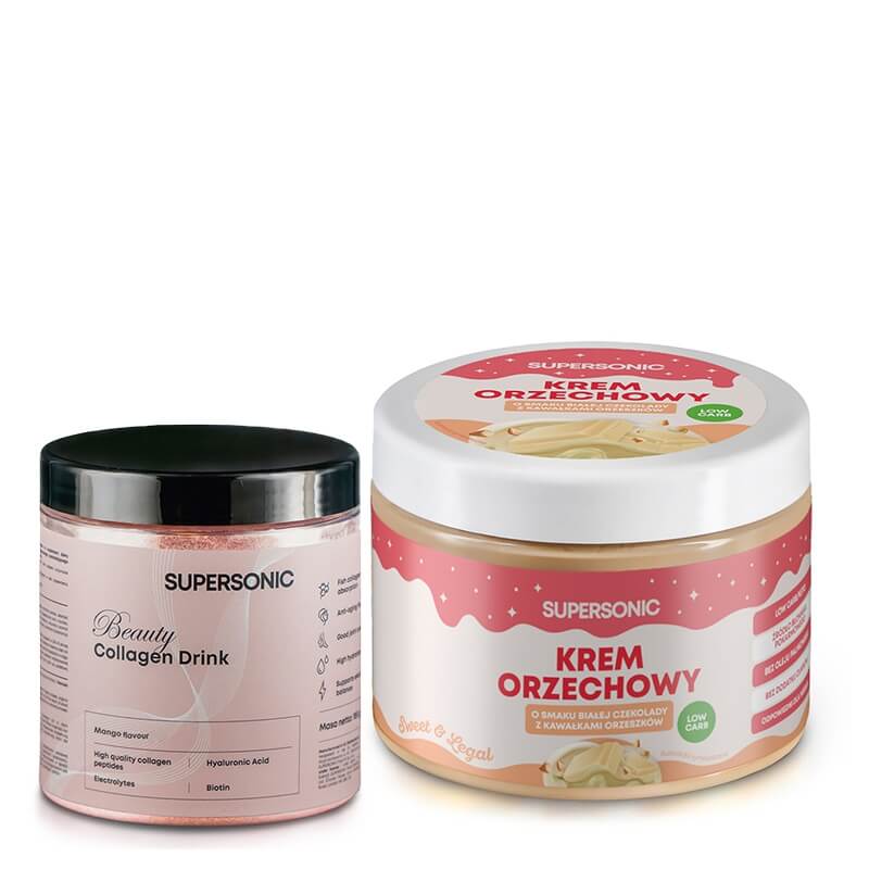 Supersonic Peanut Spread Low Carb + Collagen Beauty Drink ZESTAW Krem orzechowy - Biała czekolada crunchy 250 g + Kolagen - Mango 185 g