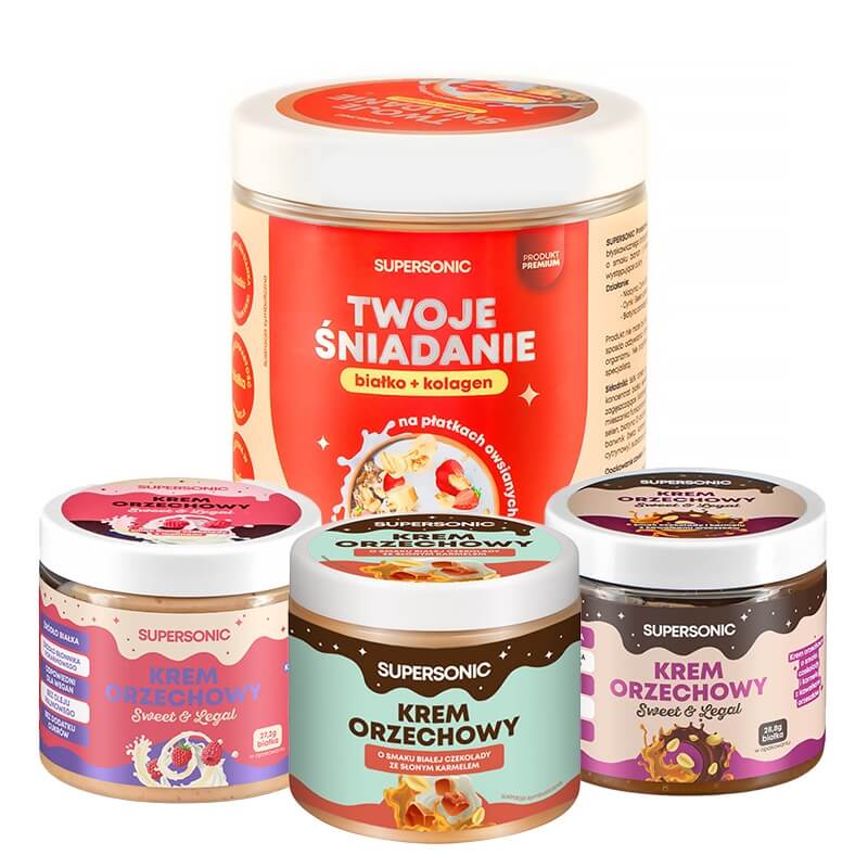 Supersonic Peanut Spread + Wysokobiałkowe Śniadanie z Kolagenem ZESTAW Krem orzechowy - różne smaki 3 x 160 g + Owsianka - banan i truskawka 420 g