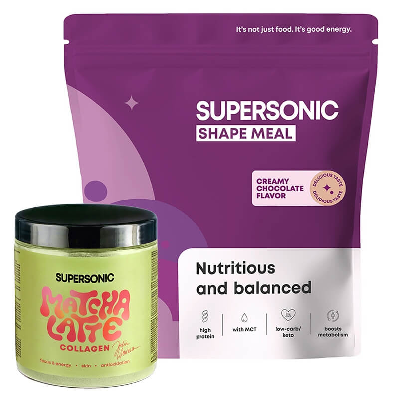Supersonic Shape Meal + Matcha Latte Collagen ZESTAW Posiłek o smaku kremowej czekolady 780 g + Matcha latte z kolagenem i mleczkiem kokosowym 280 g