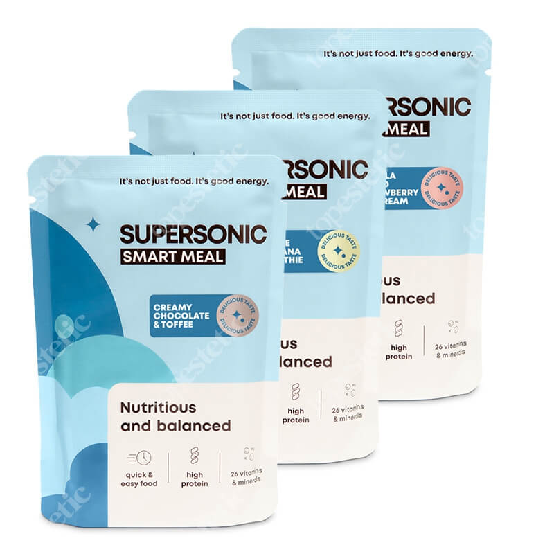 Supersonic Smart Meal Mix ZESTAW Lody waniliowe z dziką truskawką 100 g + Ciasteczkowo-bananowe smoothie 100 g + Kremowa czekolada z toffee 100 g