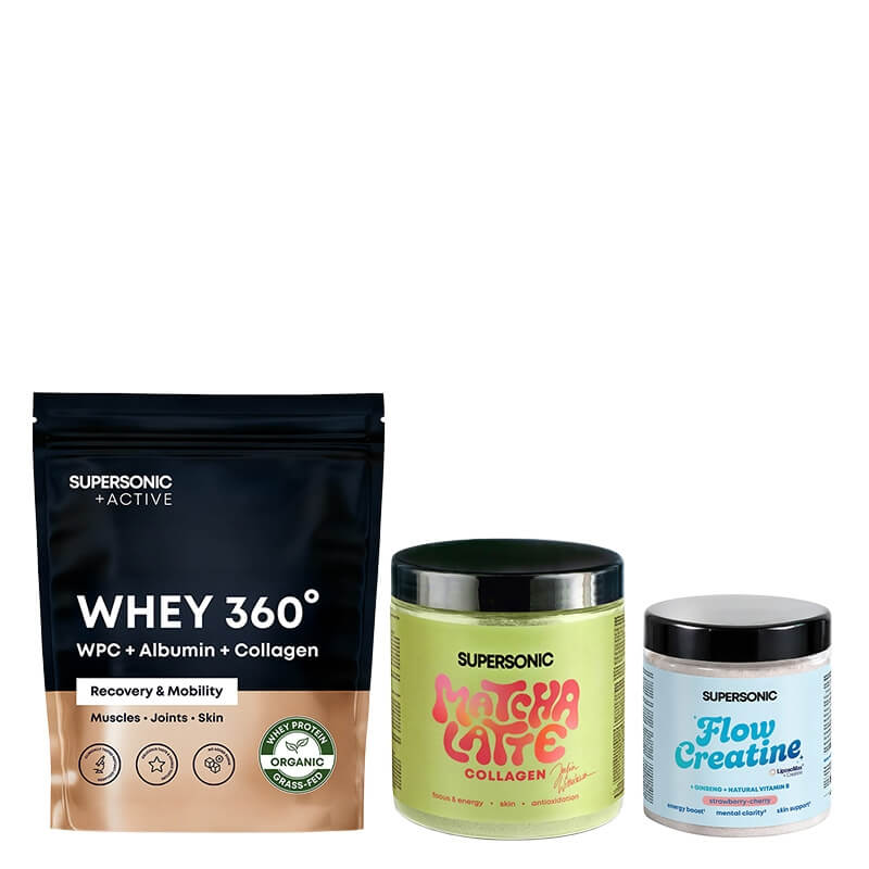 Supersonic WHEY 360° + Flow Creatine + Matcha Latte Collagen ZESTAW Odżywka białkowa lody waniliowo-śmietankowe 500 g + Kreatyna liposomalna z żeń-szeniem (truskawka-wiśnia) 150 g + Matcha latte 280 g