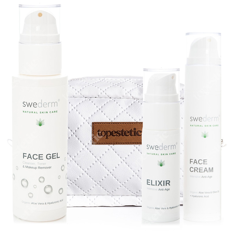 Swederm Pielęgnacja Twarzy ZESTAW Naturalny żel do twarzy 3w1 125 ml + Serum przeciwstarzeniowe i wygładzające 30 ml + Krem przeciwstarzeniowy 50 ml + Kosmetyczka