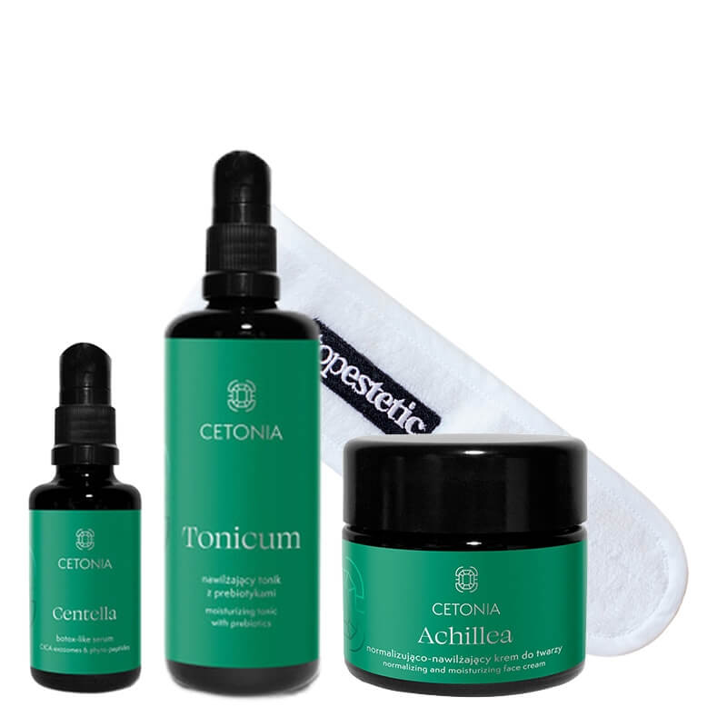 Szmaragdowe Żuki Face Skin Care ZESTAW Leciutkie serum do twarzy 30 ml + Nawilżający tonik 100 ml + Krem do cery normalnej i mieszanej 50 ml + Biała opaska kosmetyczna 1 szt.