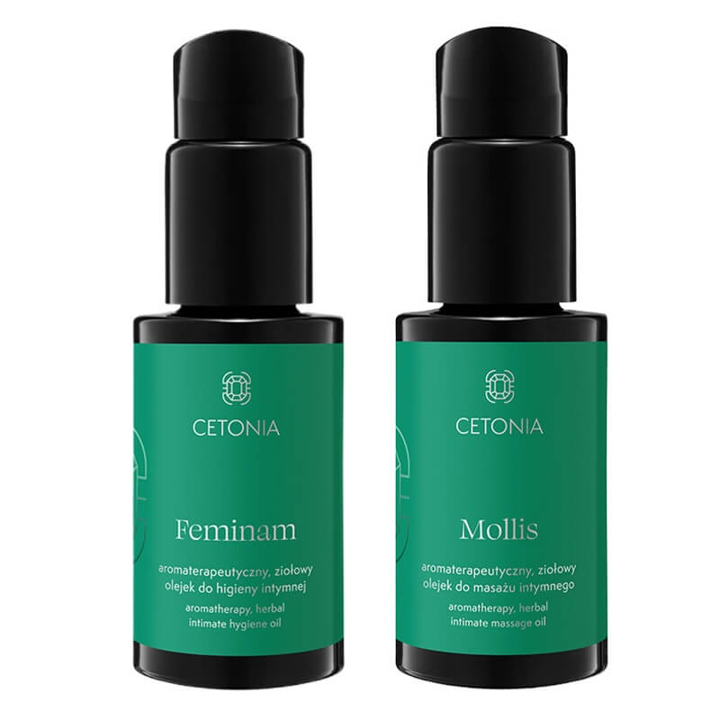 Szmaragdowe Żuki Feminam + Mollis ZESTAW Aromaterapeutyczny, ziołowy olejek do codziennej pielęgnacji okolic intymnych 50 ml + Aromaterapeutyczny, ziołowy olejek do masażu okoli