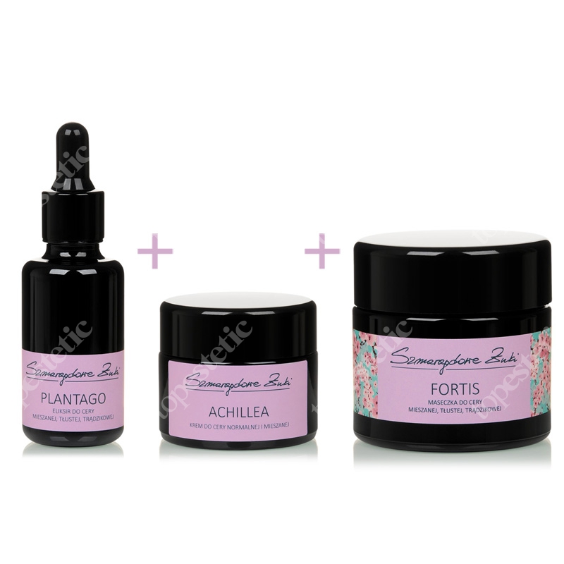 Szmaragdowe Żuki Zestawy Duży Do Cery Mieszanej, Tłustej I Trądzikowej ZESTAW Plantago 30 ml + Achillea 30 ml + Fortis 100 ml