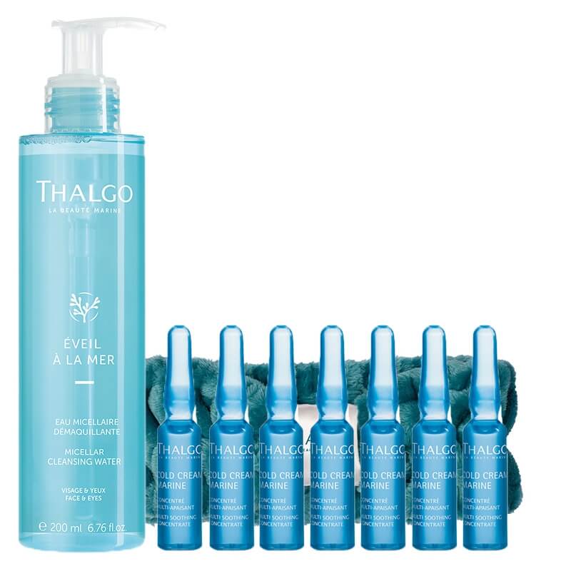 Thalgo Clean + Soothing Skin ZESTAW Woda micelarna 200 ml + Wzmacniająco-łagodzący koncentrat 7x1,2 ml + Opaska kosmetyczna 1 szt GRATIS