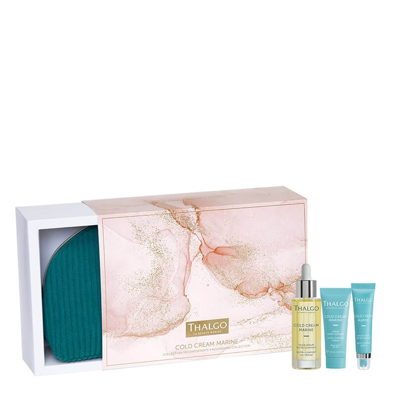 Thalgo Cold Cream Marine ZESTAW Suchy olejek 30 ml + Krem odżywczy 15 ml + Balsam do ust 15 ml + Kosmetyczka 1 szt