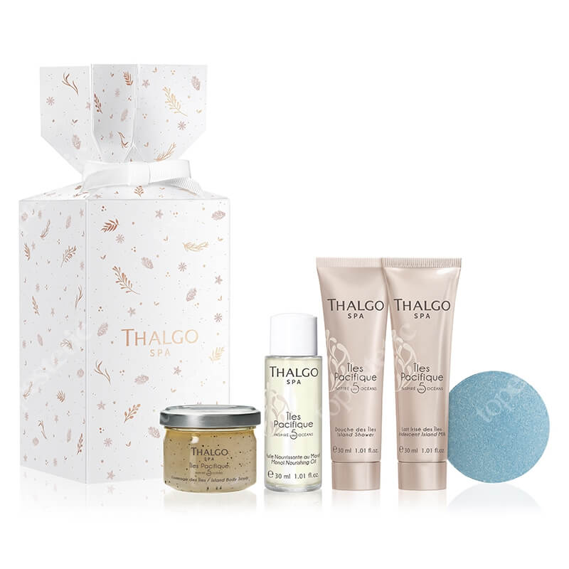 Thalgo Iles Pacifique - Body Crackers Gift Set 2020 ZESTAW Peeling do ciała 70 g + Olejek monoi 30 ml + Żel pod prysznic 30 ml + Mleczko 30 ml + Kapsułka 1 x 33 g
