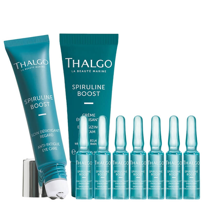 Thalgo Spiruline Boost ZESTAW Koncentrat w ampułkach 7x 1,2 ml + Koncentrat pod oczy ze spiruliną 15 ml + Energetyzujący krem 15 ml GRATIS