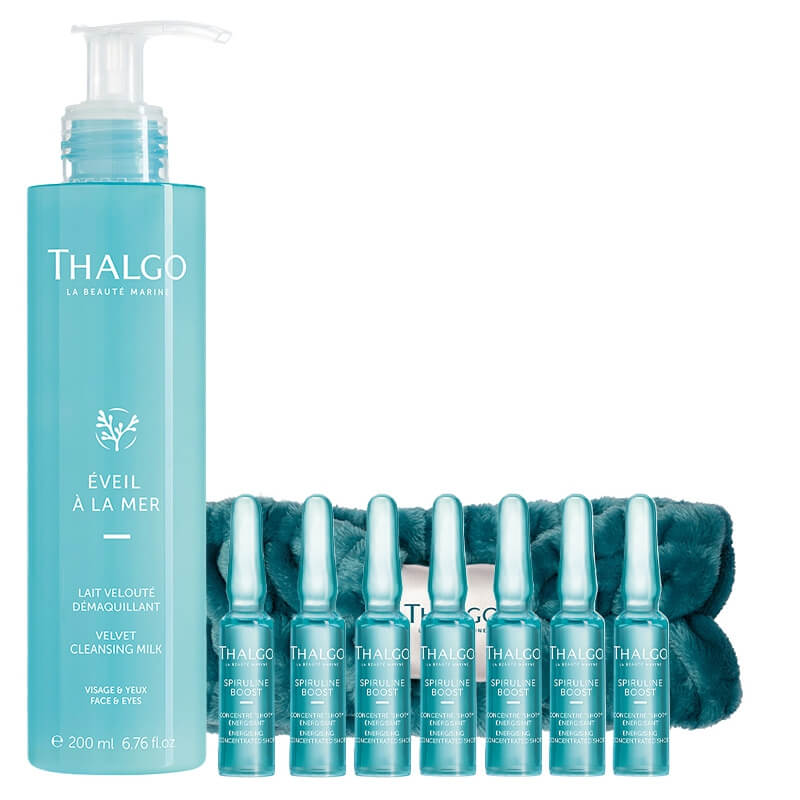 Thalgo Velvet Cleansing Milk + Energising Concentrated Shot + Bubble Band ZESTAW Mleczko do demakijażu 200 ml + Koncentrat ze spiruliną 7x 1,2 ml + Opaska kosmetyczna 1 szt GRATIS