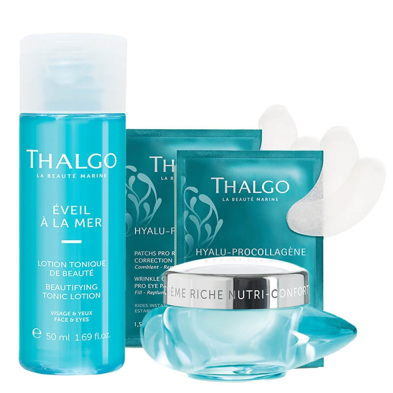 Thalgo Wrinkle Correcting Set ZESTAW Upiększający tonik 50 ml + Krem odżywczy 50 ml + Wygładzająco-przeciwzmarszczkowe płatki okolice oczu 8 x 2 szt