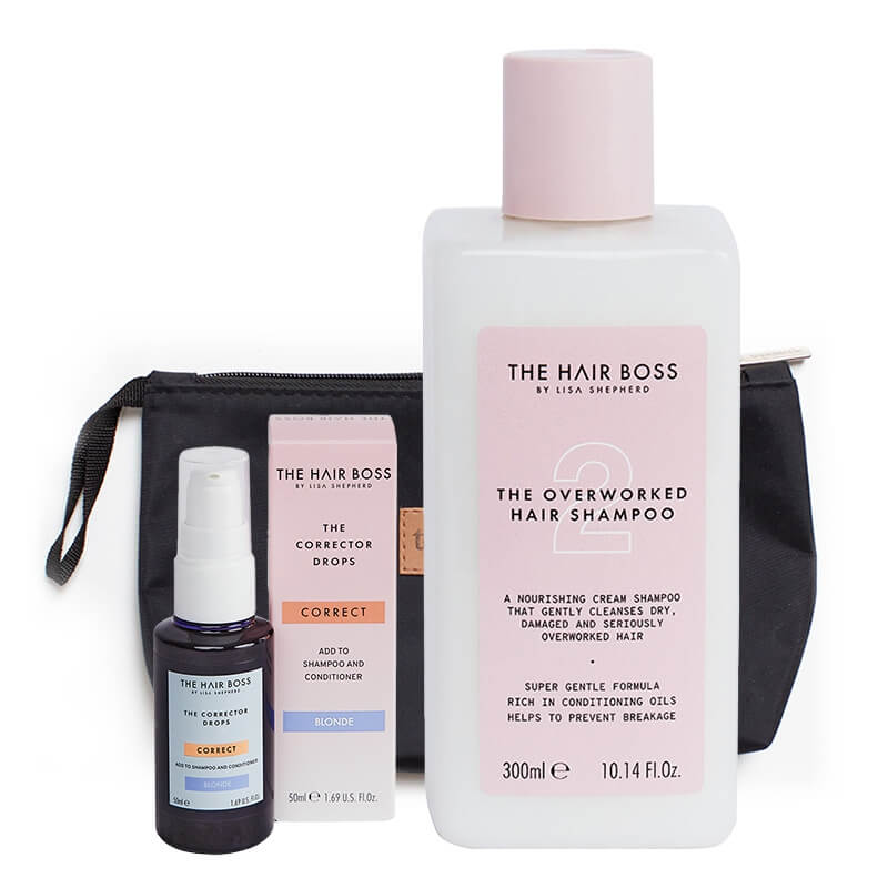 The Hair Boss Favorite Set ZESTAW Szampon 300 ml + Kropelki korygujące kolor blond 50 ml + Kosmetyczka 1 szt