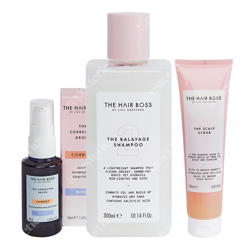 The Hair Boss Favorite The Hair Boss Set ZESTAW Szampon do włosów z balejażem 300 ml + Kropelki korygujące kolor blond 50 ml + Peeling do skóry głowy 150 ml