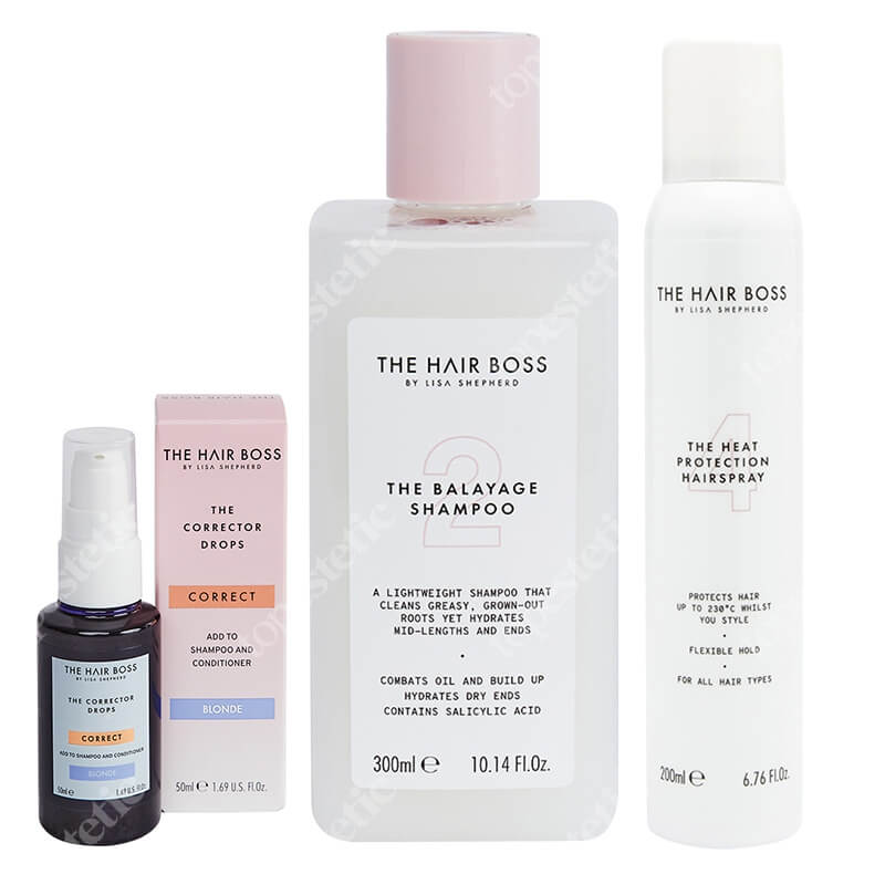 The Hair Boss Hair Set ZESTAW Szampon 300 ml + Kropelki korygujące kolor blond 50 ml + Termoochronny lakier do włosów 200 ml