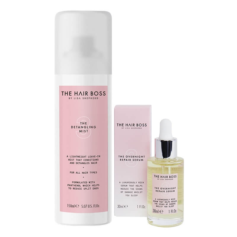 The Hair Boss Overnight Repair Serum + The Detangling Mist ZESTAW Serum odbudowujące na noc 30 ml + Odżywcza mgiełka ułatwiająca rozczesywanie 150 ml