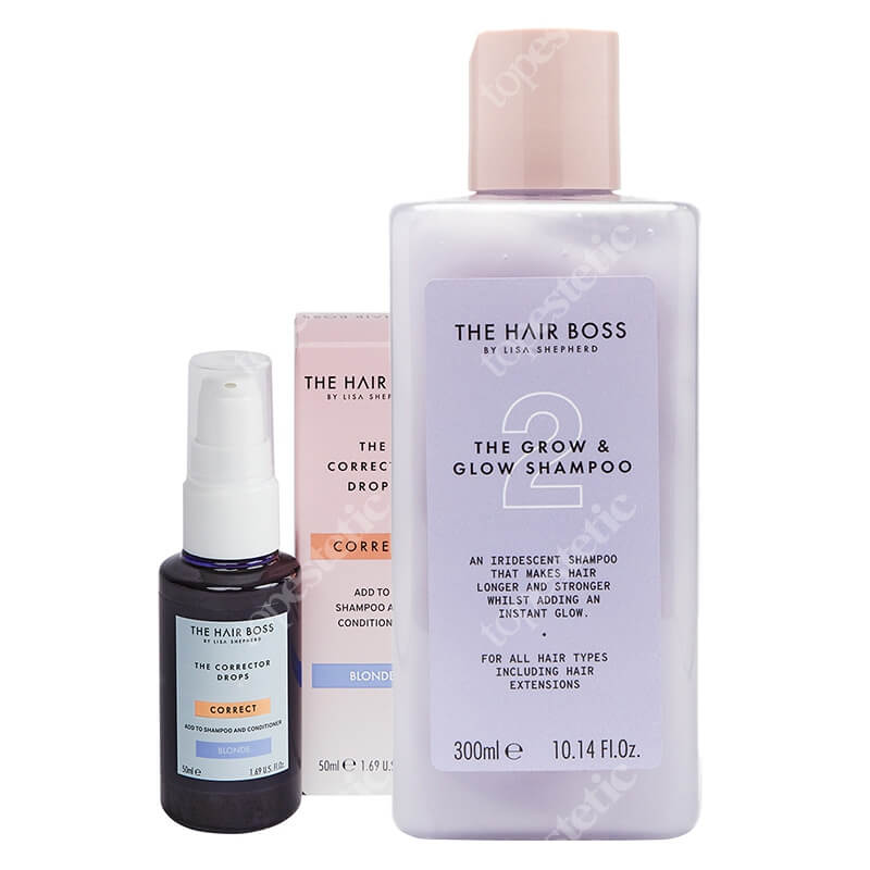 The Hair Boss The Grow And Glow Blonde Hair ZESTAW Szampon do włosów wypadających pozbawionych blasku 300 ml + Kropelki korygujące kolor blond 50 ml