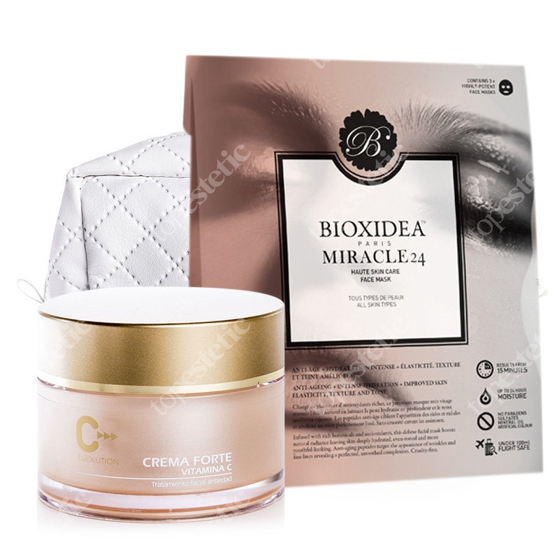 topmedica Crema Forte Vitamina C + Miracle 24 Face Mask + Kosmetyczka ZESTAW Krem Forte z Witaminą C 50 ml + Maska na twarz dla kobiet 3 szt. + Kosmetyczka