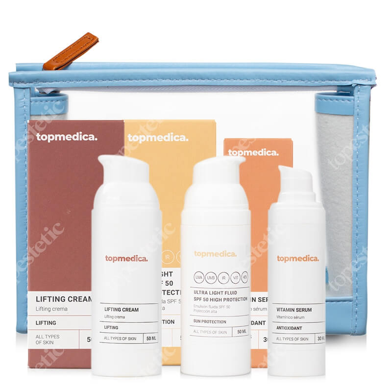 topmedica Pielęgnacja Liftingująco - Rozświetlająca ZESTAW Ultra lekki fluid 50 ml + Krem liftingujący 50 ml + Serum rewitalizujące 30 ml + Kosmetyczka 1 szt
