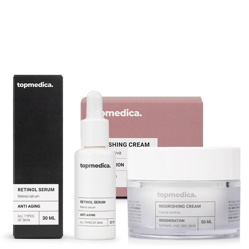 topmedica Pielęgnacja Odmładzająca ZESTAW Krem odbudowujący z betainą do cery suchej i normalnej 50 ml + Serum przeciwstarzeniowe z 2,5% retinolem w liposomach 30 ml