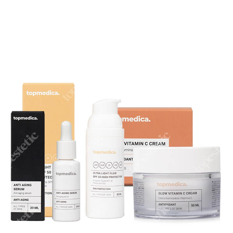 topmedica Pielęgnacja Przeciwstarzeniowo - Rozświetlająca ZESTAW Serum przeciwstarzeniowe 30 ml + Krem z witaminą C 50 ml + Ultra lekki fluid 50 ml
