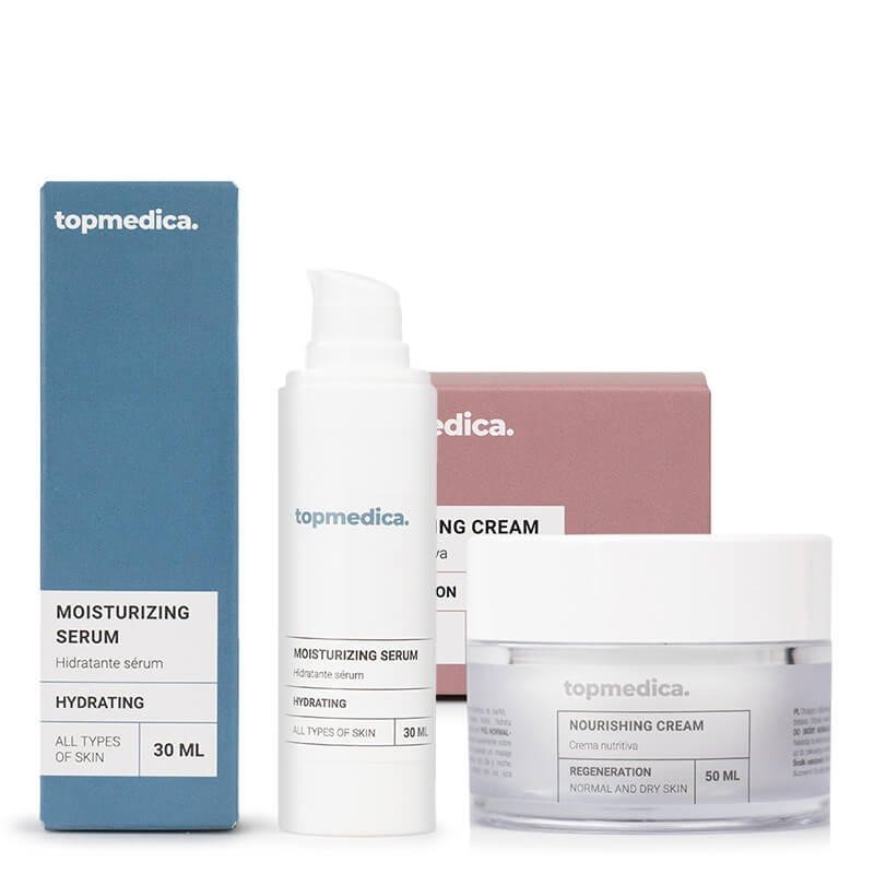 topmedica Pielęgnacja Skóry Suchej ZESTAW Lekkie serum nawilżające z polisacharydami i ramnozą dla każdego typu cery 30 ml + Krem odbudowujący z betainą do cery suchej 50 ml