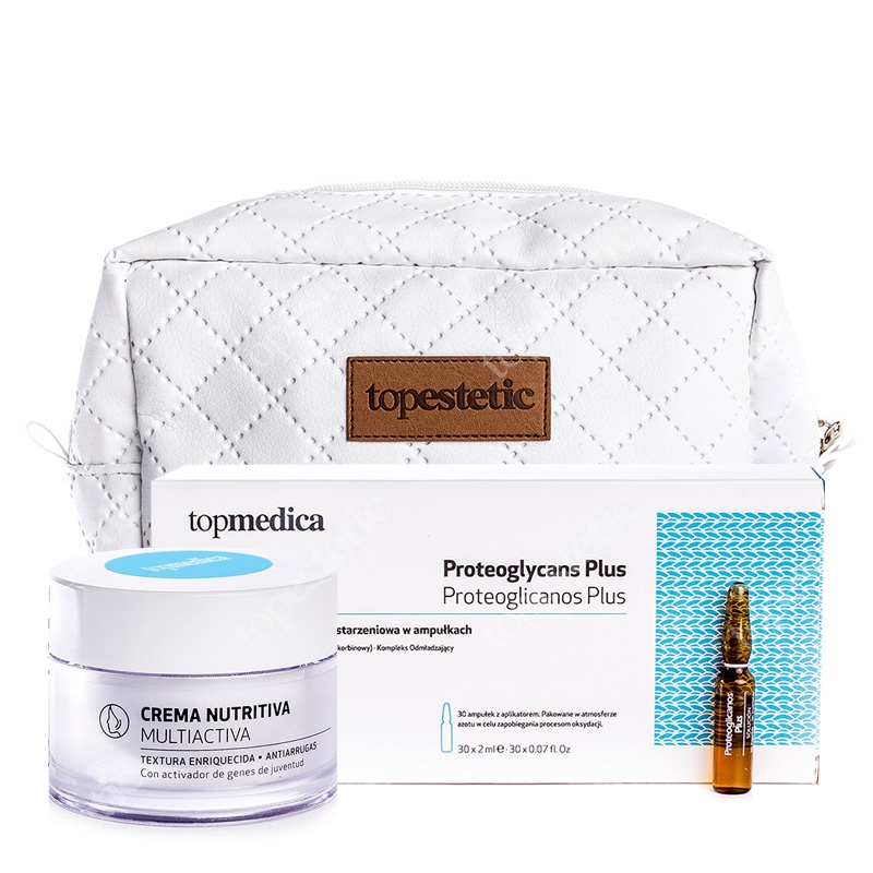 topmedica Proteoglycans Plus + Crema Antiedad SPF20 Multiactiva + Kosmetyczka ZESTAW Proteoglicanos Plus 30 x 2 ml + Krem przeciwzmarszczkowy multiaktywny SPF 20 50 ml + Biała, pikowana kosmetyczka
