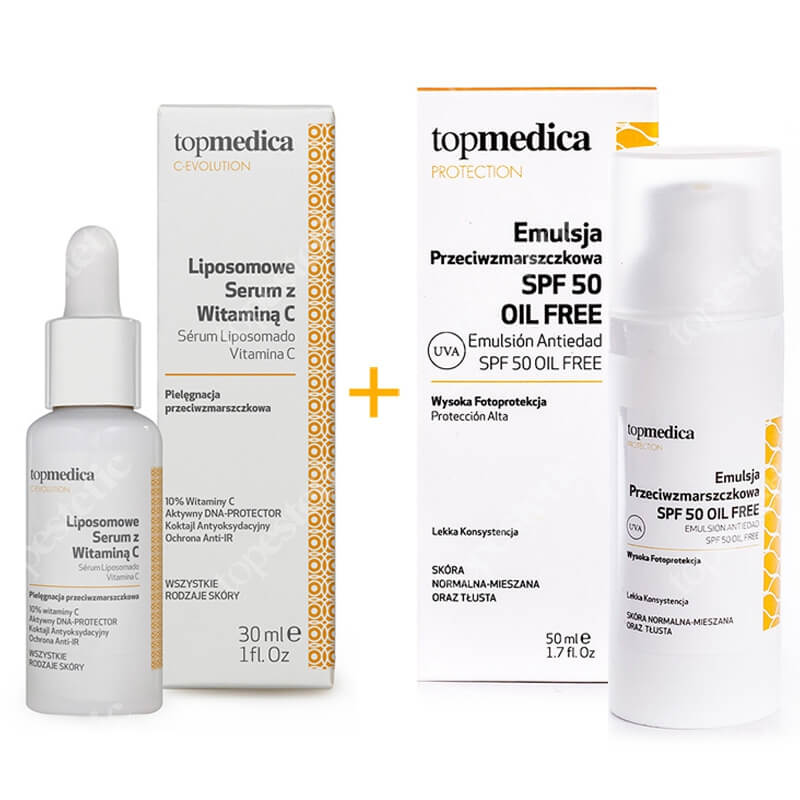 topmedica Serum Liposomado Vitamina CEmulsion Antiedad SPF50 Oil Free ZESTAW Liposomowe Serum Z Witaminą C 30 ml + Emulsja przeciwzmarszczkowa SPF 50 50ml