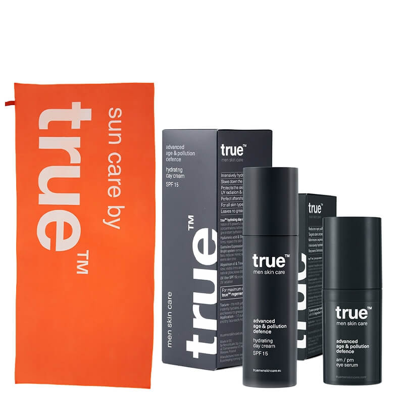 True Eye Serum For Men + Hydrating Day Cream SPF 15 For Men + Ręcznik plażowy ZESTAW Serum pod oczy dla mężczyzn 20 ml + Nawilżający krem na dzień dla mężczyzn 50 ml + Ręcznik 1 szt
