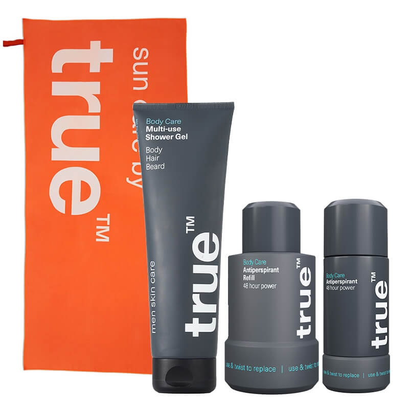 True Multi-Use Shower Gel + Antiperspirant + Antiperspirant Refill + Ręcznik plażowy ZESTAW Żel pod prysznic 3w1 250 ml + Antyperspirant 75 ml + Antyperspirant (wkład) 75 ml + Ręcznik 1 szt