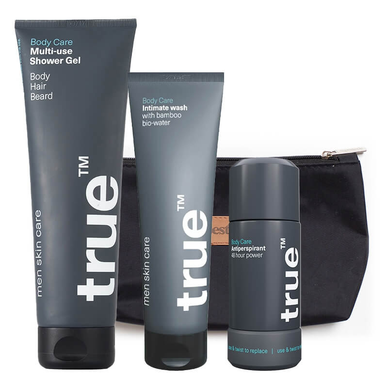 True Shower Set For Men ZESTAW Żel pod prysznic 3w1 200 ml + Żel do higieny intymnej 100 ml + Antyperspirant 75 ml + Kosmetyczka 1 szt