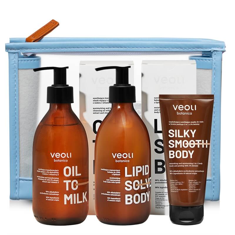 Veoli Botanica Body Care Kit ZESTAW Olejek myjący do ciała 290 ml + Balsam do ciała 290 ml + kosmetyczka 1 szt. + Maska do ciała w formie peelingu 2w1 180 ml