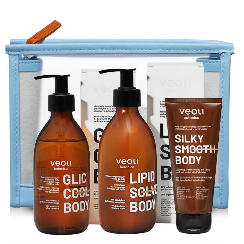 Veoli Botanica Cool Body Care Set ZESTAW Żel do mycia ciała 280 ml + Balsam do ciała z lipidami 290 ml + Kosmetyczka 1 szt + Maska do ciałą w formie peelingu 2w1 180 ml
