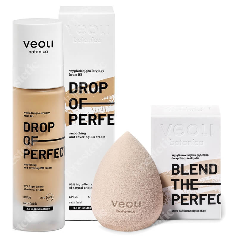 Veoli Botanica Drop of Perfection + Blend The Perfection ZESTAW Wygładzająco-kryjący krem BB o lekkiej formule z kwasem hialuronowym (kolor Golden Beige 3.0 W) 30 ml + Gąbeczka do makijażu 1 szt