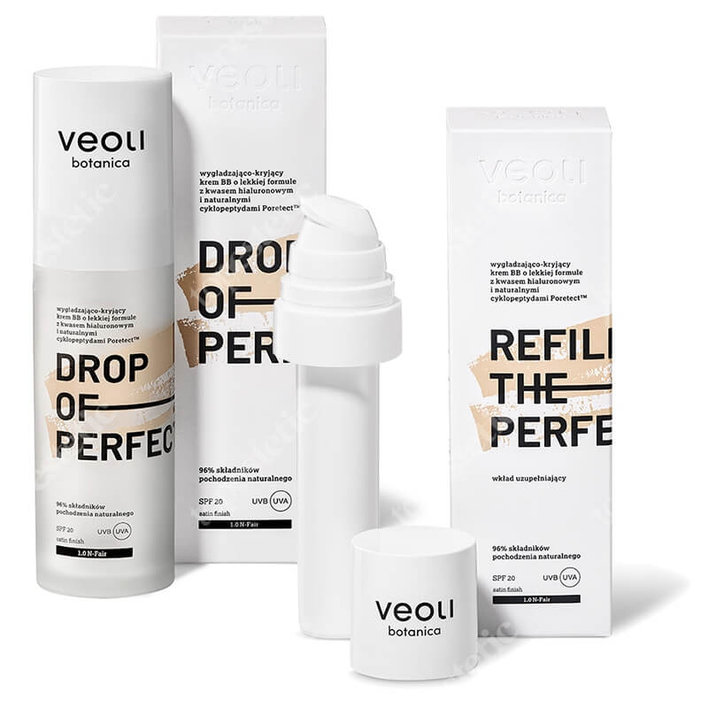 Veoli Botanica Drop of Perfection Fair + Refill ZESTAW Wygładzająco-kryjący krem BB o lekkiej formule z kwasem hialuronowym (kolo fair 1) 30 ml + uzupełnienie 30 ml