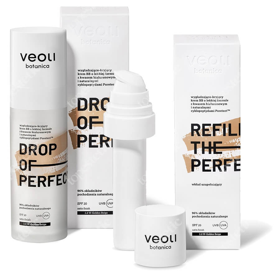 Veoli Botanica Drop of Perfection Golden Beige + Refill ZESTAW Wygładzająco-kryjący krem BB o lekkiej formule z kwasem hialuronowym (kolor GB 3) 30 ml + uzupełnienie 30 ml