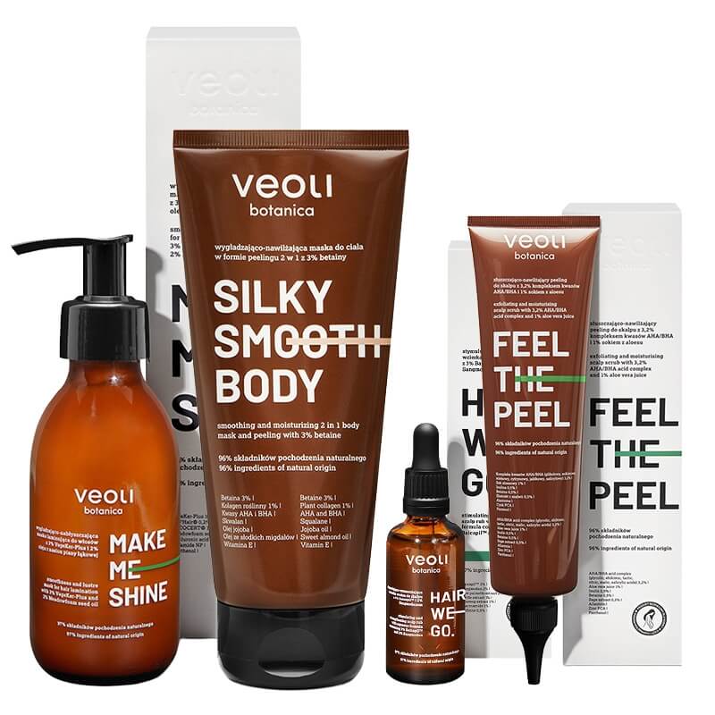 Veoli Botanica Hair Care Set ZESTAW Peeling do skalpu 150 ml + Wcierka do skalpu 50 ml + Maska laminująca do włosów 140 ml + Maska do ciała w formie peelingi 180 ml gratis