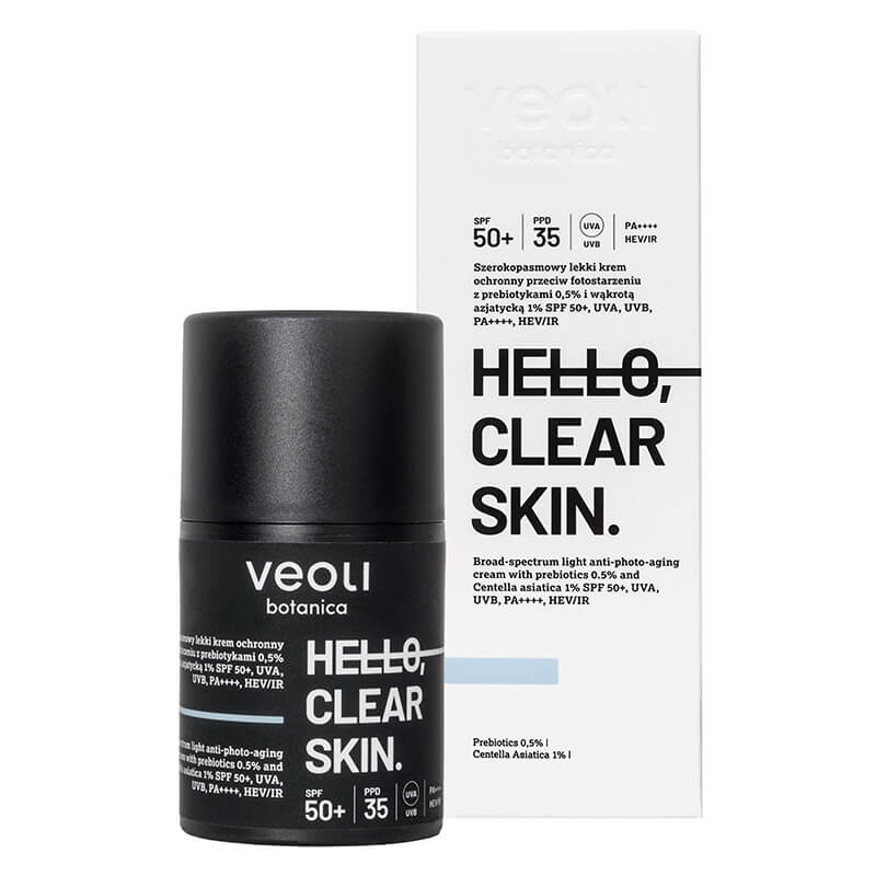 Veoli Botanica Hello, Clear Skin Szerokopasmowy lekki krem ochronny SPF 50+, UVA, UVB, PA++++, HEV/IR 50 ml