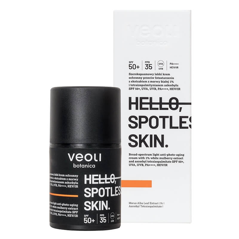 Veoli Botanica Hello, Spotless Skin Szerokopasmowy lekki krem ochronny SPF 50+, UVA, UVB, PA++++, HEV/IR 50 ml