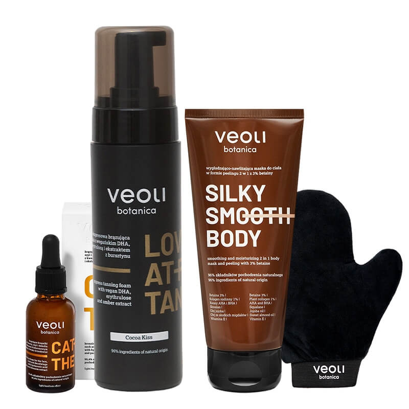 Veoli Botanica Kiss the Sun Set ZESTAW Ekspresowa brązująca pianka 200 ml + Brązujące kropelki 30 ml + Maska do ciała w formie peelingu 180 ml + Rękawica do aplikacji 1 szt